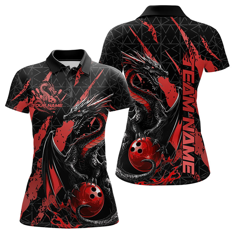 Custom Black And Red Dragon Bowling Team Polo Shirts For Women, Dragon Bowling Jerseys IPHW8924