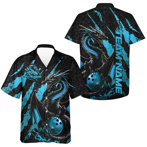 Custom Black And Blue Dragon Bowling Team Hawaiian Shirts For Men And Women, Dragon Bowling Jerseys IPHW8925