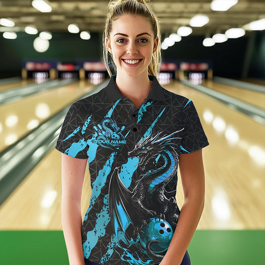 Custom Black And Blue Dragon Bowling Team Polo Shirts For Women, Dragon Bowling Jerseys IPHW8925