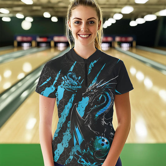 Custom Black And Blue Dragon Bowling Team Womens Quarter-Zip Shirts, Dragon Bowling Jerseys IPHW8925