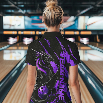 Custom Black And Purple Dragon Bowling Team Polo Shirts For Women, Dragon Bowling Jerseys IPHW8926