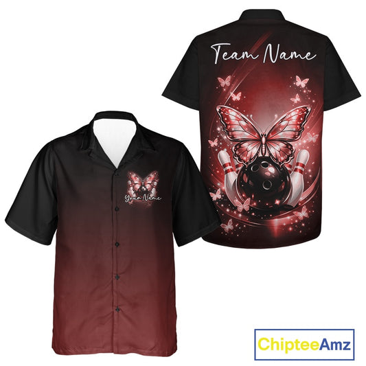 Front and back views of a red button-up bowling shirt decorated with glowing butterflies, bowling pins, a bowling ball, and cosmic accents.