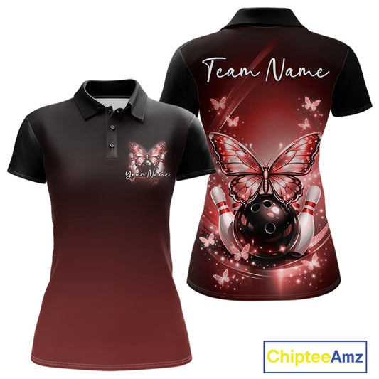 Front and back display of a red women’s bowling polo shirt featuring glowing butterflies on a bowling ball and fallen bowling pins.