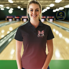 Load image into Gallery viewer, Female model at a bowling lane wearing a red bowling polo shirt with glowing butterflies, a bowling ball centerpiece, and cosmic-themed artwork.