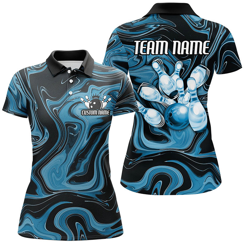 Blue Camo Custom Bowling Team Shirts For Women, Bowling Tournament Jerseys IPHW6489