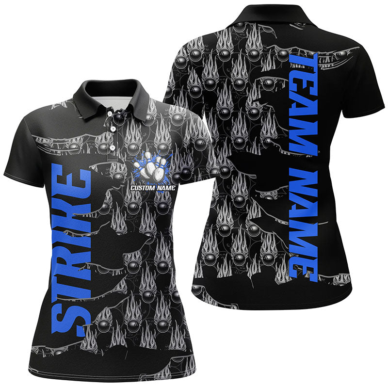 Customize Name Strike Bowling Shirts For Women, Flame Bowling Balls Bowler Outfits | Blue IPHW6502