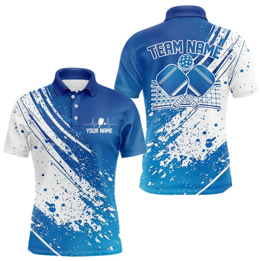 Custom Blue And White Pickleball Polo Shirts For Men, Pickleball Heartbeat Pulse Line Shirt IPHW8200