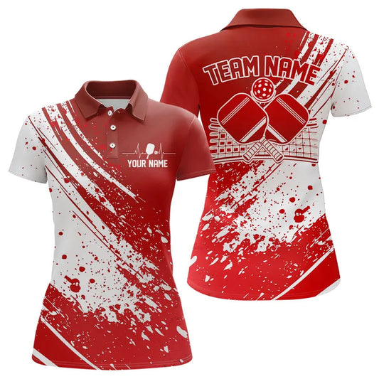 Custom Red And White Pickleball Polo Shirts For Women, Pickleball Heartbeat Pulse Line Shirt IPHW8201