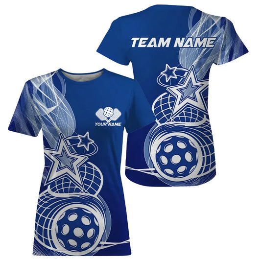 Custom Blue Pickleball Star T-Shirts For Women, Outdoor Pickleball Team Uniform IPHW8207
