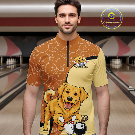 Custom Cute Funny Golden Retriever Dog Bowling Men Quarter-Zip Shirts, Dog Lovers Bowling Shirt IPHW10285