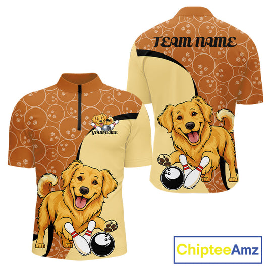 Custom Cute Funny Golden Retriever Dog Bowling Men Quarter-Zip Shirts, Dog Lovers Bowling Shirt IPHW10285