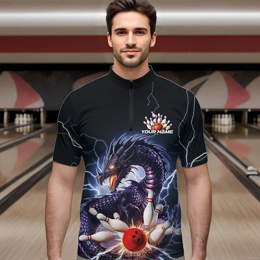 Custom Thunder Lightning Dragon Bowling Quarter-Zip Shirts For Men, Dragon Bowling League Shirt IPHW8677