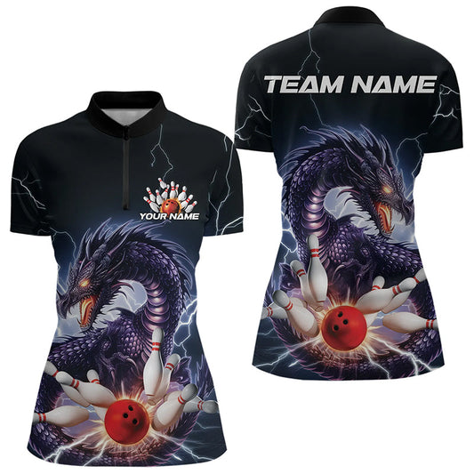 Custom Thunder Lightning Dragon Womens Bowling Quarter-Zip Shirts, Bowling League Shirt IPHW8677