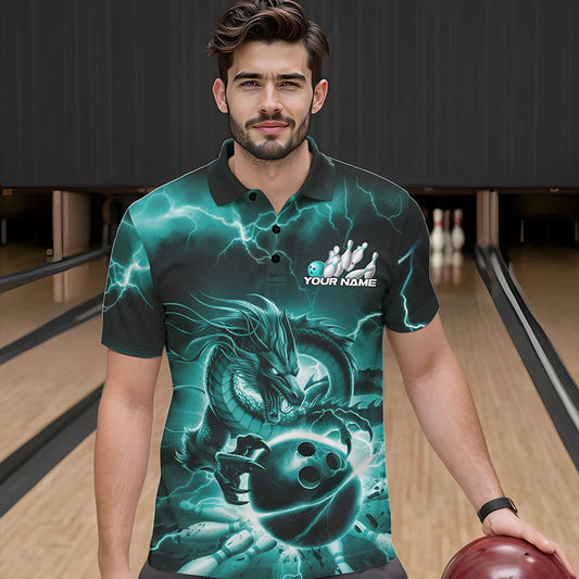 Custom Black And Blue Thunder Lightning Dragon Bowling Polo Shirts For Men, Team Uniform IPHW8680