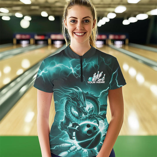 Custom Black And Blue Thunder Lightning Dragon Womens Bowling Team Quarter-Zip Shirts IPHW8680