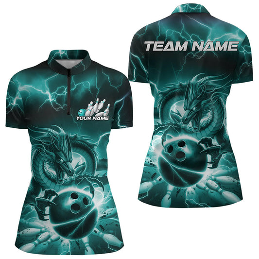 Custom Black And Blue Thunder Lightning Dragon Womens Bowling Team Quarter-Zip Shirts IPHW8680