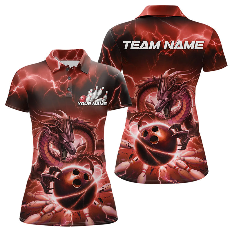 Custom Black And Red Thunder Lightning Dragon Bowling Polo Shirts For Women, Team Uniform IPHW8681