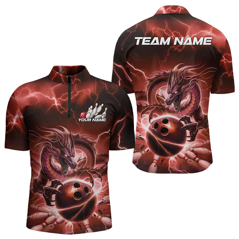 Custom Black And Red Thunder Lightning Dragon Bowling Quarter-Zip Shirts For Men, Team Uniform IPHW8681