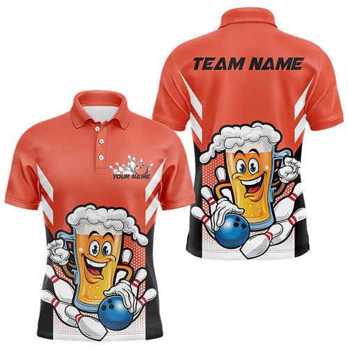 Custom Funny Beer Bowling Polo Shirts For Men, Orange Bowling Team Bowling League Shirt IPHW8931