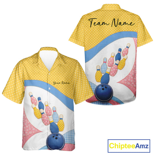 Front and back view of a button-up bowling shirt featuring colorful bowling balls, pins, polka dots, and patchwork-style artwork.