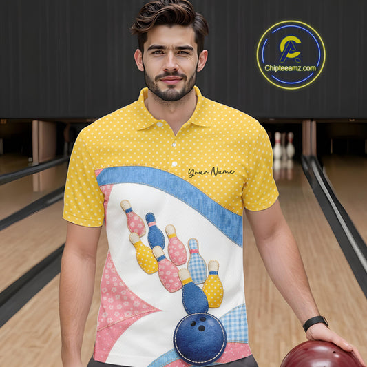 Male model at a bowling lane wearing a bowling polo shirt with vibrant patchwork bowling ball and pin graphics accented by polka dots.