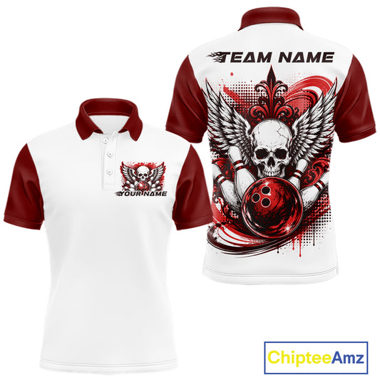 Front and back views of a white mens bowling shirt with polo collar, red skull-themed bowling graphic with black wings, pins, bowling ball