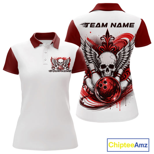 Front and back views of a white womens bowling shirt with polo collar, red skull-themed bowling graphic with black wings, pins, bowling ball