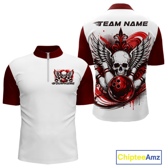 Front and back views of a white mens bowling shirt with quarter zip collar, red skull-themed bowling graphic with black wings, pins, bowling ball