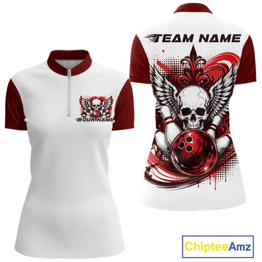 Front and back views of a white womens bowling shirt with quarter zip collar, red skull-themed bowling graphic with black wings, pins, bowling ball