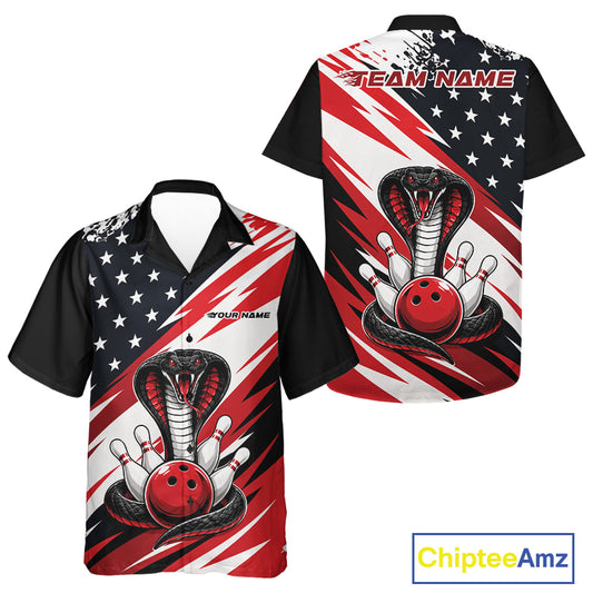 Front and back views of a black, white, and red thin line american flag bowling unisex button up shirt with cobra artwork, bowling pins, an red ball, and customizable name text.