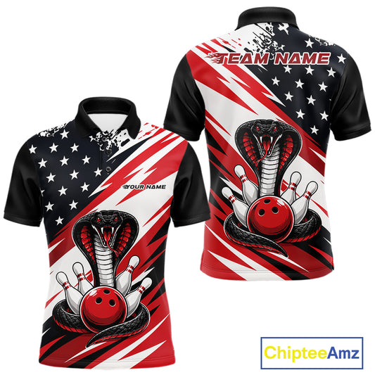 Front and back views of a black, white, and red thin line american flag bowling men quarter zip shirt with cobra artwork, bowling pins, an red ball, and customizable name text.