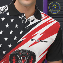 Load image into Gallery viewer, Close-up of a black, white, and red bowling polo with star graphics, diagonal lightning-style stripes, and “Your Name” text on the chest.
