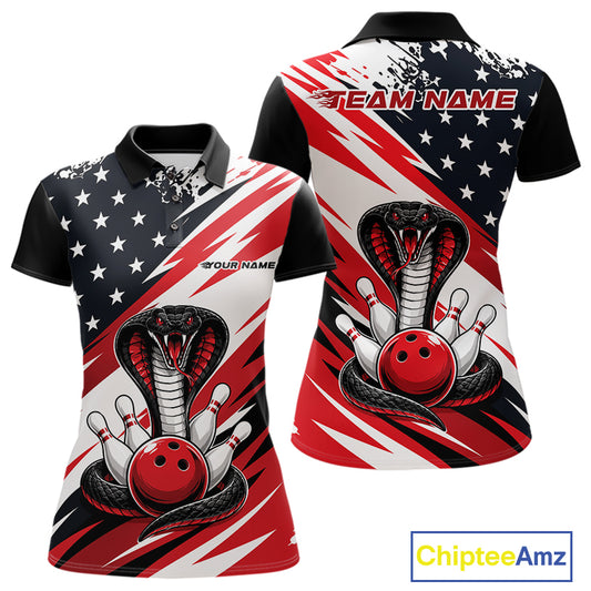 Front and back views of a black, white, and red thin line american flag bowling women polo shirt with cobra artwork, bowling pins, an red ball, and customizable name text.