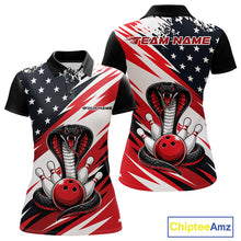 Load image into Gallery viewer, Front and back views of a black, white, and red thin line american flag bowling women polo shirt with cobra artwork, bowling pins, an red ball, and customizable name text.
