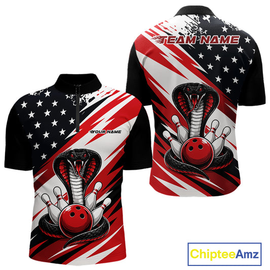 Front and back views of a black, white, and red thin line american flag bowling men quarter zip shirt with cobra artwork, bowling pins, an red ball, and customizable name text.
