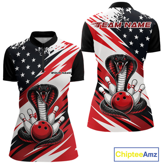 Front and back views of a black, white, and red thin line american flag bowling women quarter zip shirt with cobra artwork, bowling pins, an red ball, and customizable name text.