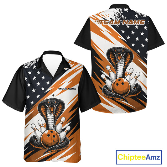 Front and back views of a black, white, and orange thin line american flag bowling unisex button up shirt with cobra artwork, bowling pins, an orange ball, and customizable name text.