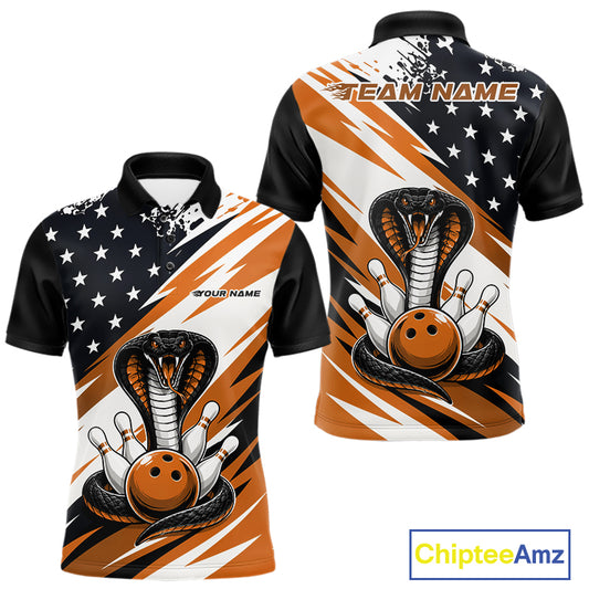 Front and back views of a black, white, and orange thin line american flag bowling men quarter zip shirt with cobra artwork, bowling pins, an orange ball, and customizable name text.