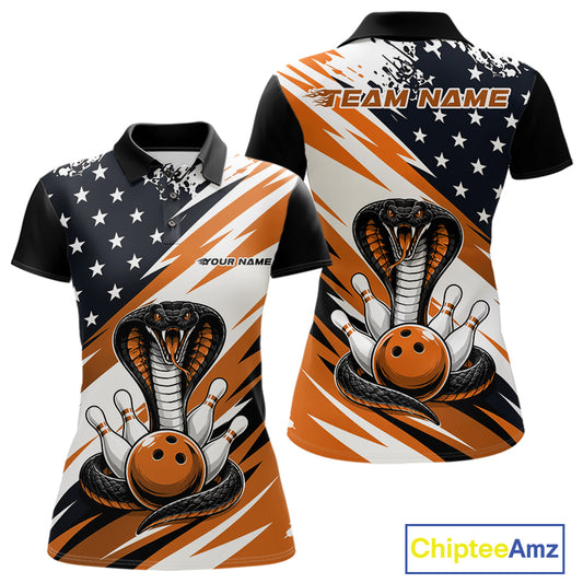 Front and back views of a black, white, and orange thin line american flag bowling women polo shirt with cobra artwork, bowling pins, an orange ball, and customizable name text.
