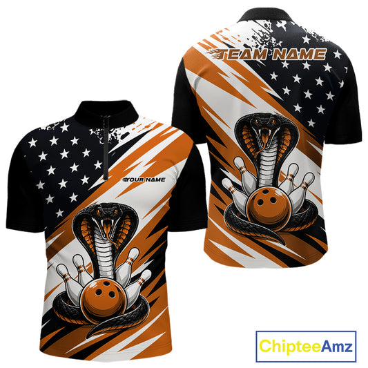 Front and back views of a black, white, and orange thin line american flag bowling men quarter zip shirt with cobra artwork, bowling pins, an orange ball, and customizable name text.