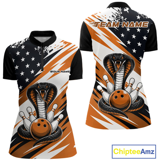 Front and back views of a black, white, and orange thin line american flag bowling women quarter zip shirt with cobra artwork, bowling pins, an orange ball, and customizable name text.