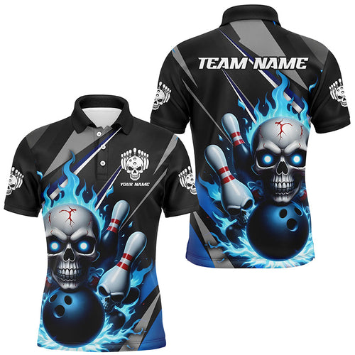 Custom Blue Flame Bowling Team Shirts, Halloween Skull Bowling Polo Shirt For Men IPHW6864