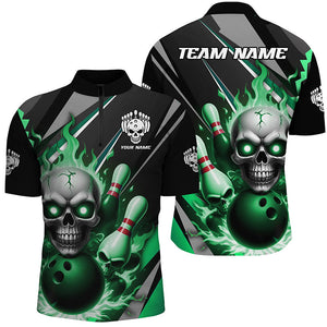 Custom Green Flame Bowling Team Shirts, Halloween Skull Bowling Quarter Zip Shirt For Men IPHW6866