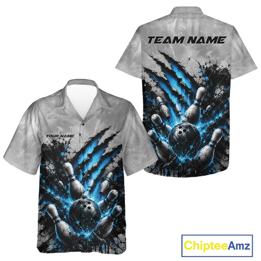 Front and back view of a button-up bowling shirt mockup featuring a dramatic blue bowling ball and pins graphic with claw-mark artwork on a gray shirt.