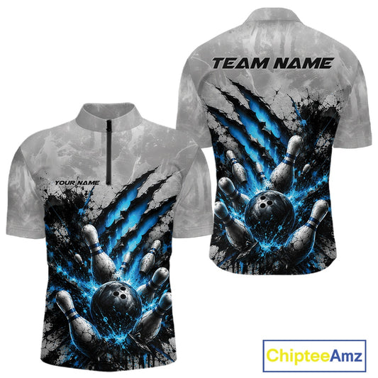 Front and back view of a men's bowling quarter zip shirt mockup showcasing a dramatic blue bowling ball and pins graphic with claw-mark artwork on a gray shirt.