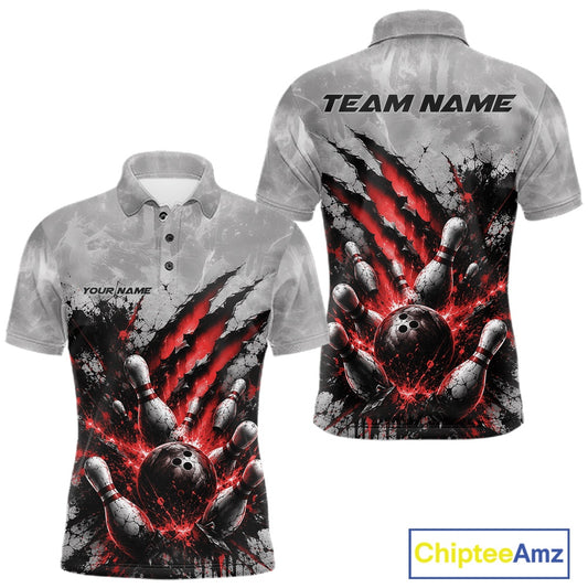 Front and back view of a men's bowling polo shirt mockup featuring a dramatic red bowling ball and pins graphic with claw-mark artwork on a gray shirt.
