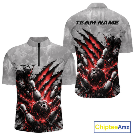 Front and back view of a men's bowling quarter zip shirt mockup featuring a dramatic red bowling ball and pins graphic with claw-mark artwork on a gray shirt.