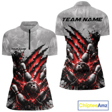 Load image into Gallery viewer, Front and back view of a women's bowling quarter zip mockup featuring a dramatic red bowling ball and pins graphic with claw-mark artwork on a gray shirt.