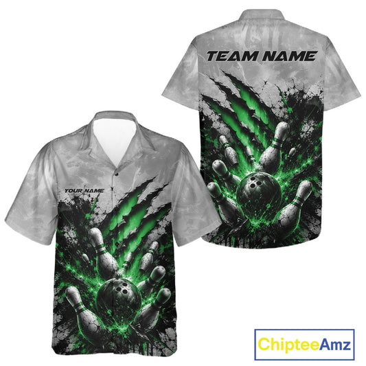 Front and back view of a button-up bowling shirt mockup featuring a dramatic green bowling ball and pins graphic with claw-mark artwork on a gray shirt.