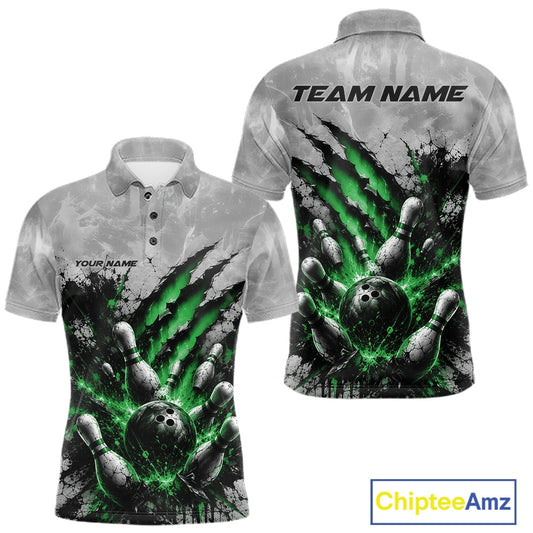 Front and back view of a men's bowling polo shirt mockup featuring a dramatic green bowling ball and pins graphic with claw-mark artwork on a gray shirt.